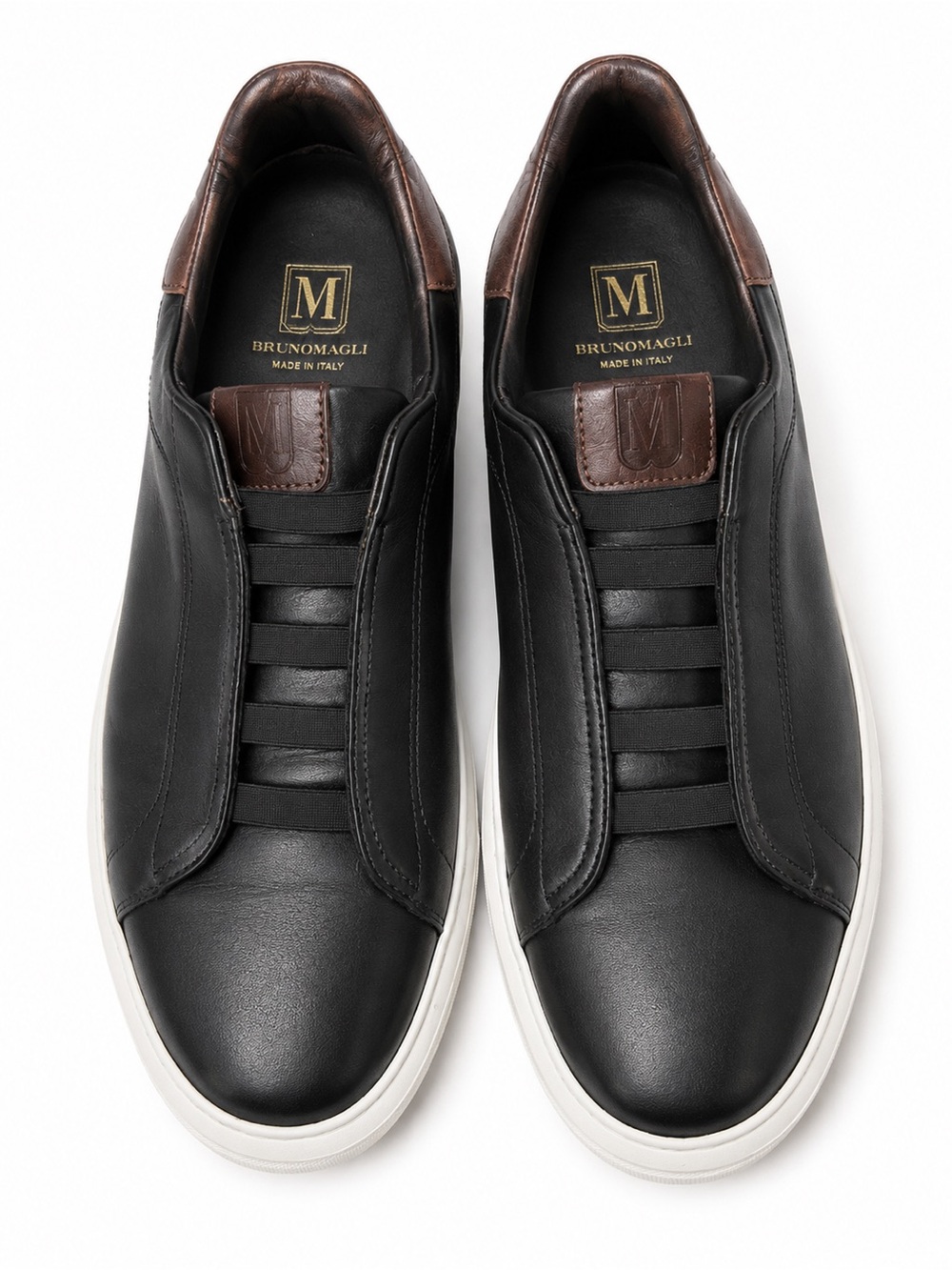 Bruno Magli Lisbon Black Leather Slip-On Sneakers with Brown Heel Tab EUC